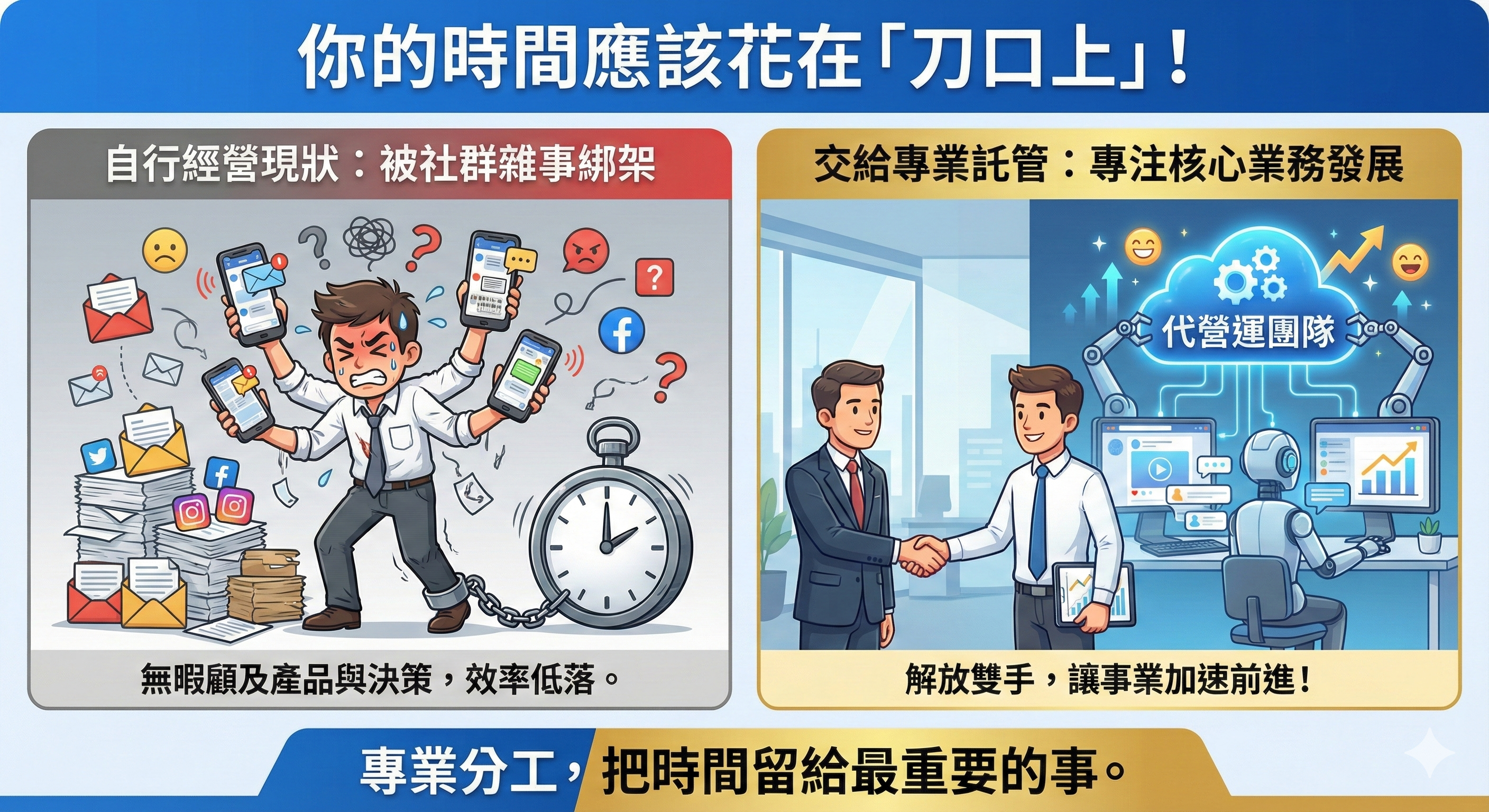 社群代管服務示意圖 - 專業團隊協助企業經營社群媒體